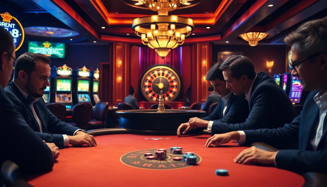 Experience the thrill of winning at https://lv88.ltd/, showcasing an exhilarating poker game in a luxurious casino.
