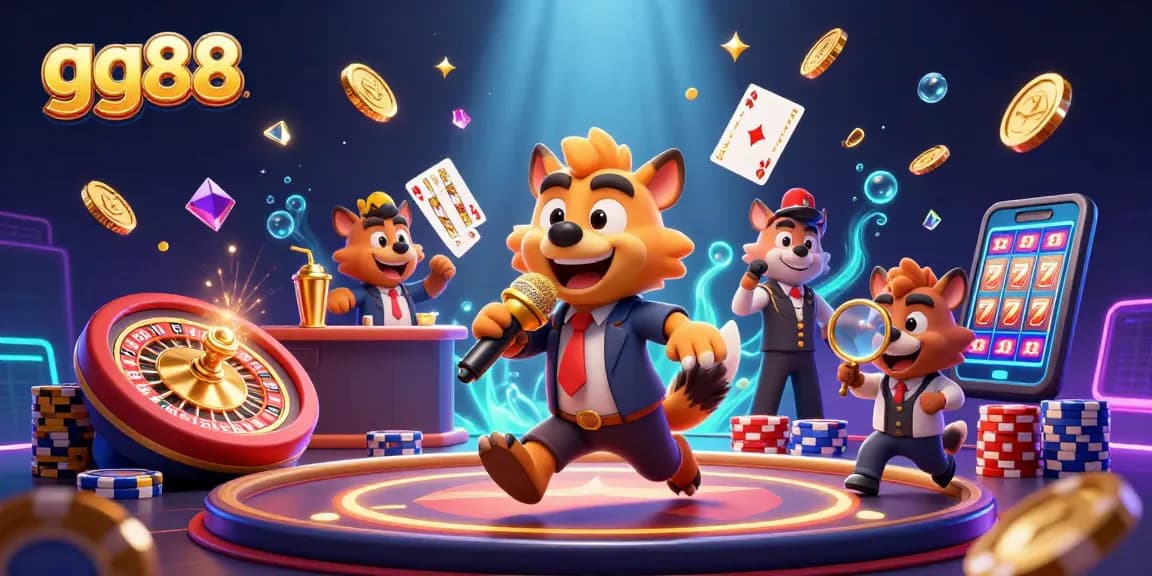 Join the fun at gg88's vibrant comedy casino club where hyenas entertain amid golden treasures.