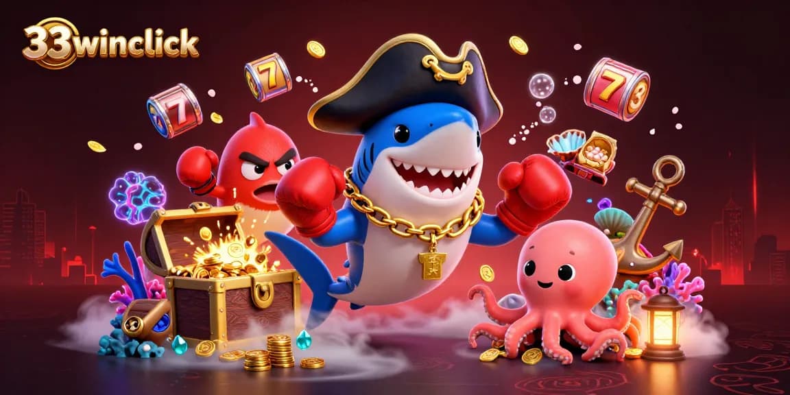 33winclick showcases a thrilling casino adventure with pirate shark and treasure-filled underwater scene.
