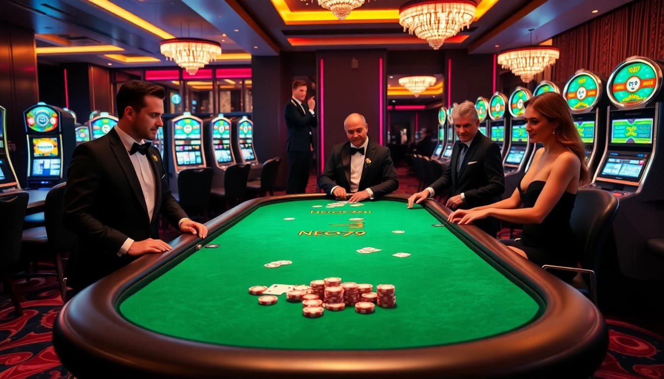 Gamblers enjoying high-stakes action at NEO79's luxurious casino table