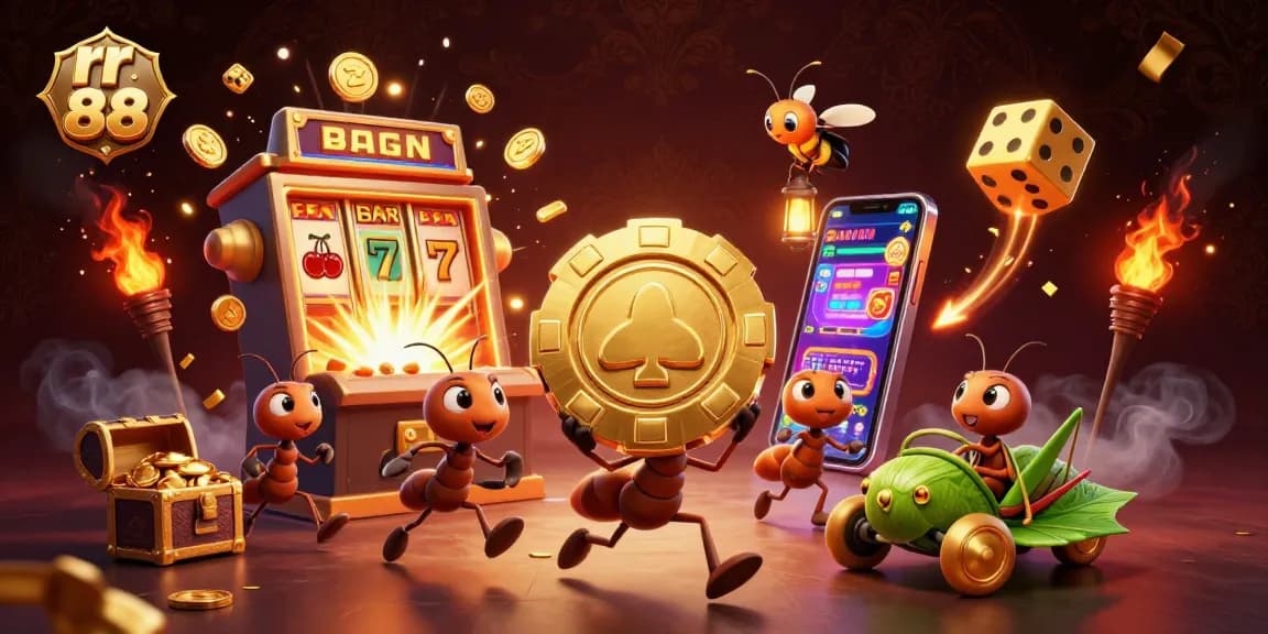 Engage with the vibrant rr 88 casino heist scene featuring animated ants and casino elements.