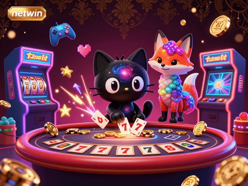 Experience thrilling play at netwin with a cosmic cat pulling in golden chips and slots in a vibrant casino scene.