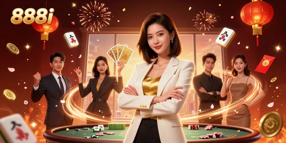 Experience the thrill of 888i with a powerful businesswoman showcasing winning cards in a vibrant casino scene.