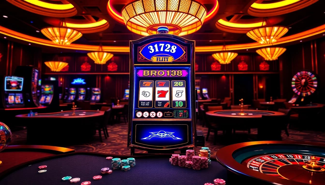 BRO138 slot machine in a vibrant casino setting, inviting gamblers to enjoy exciting gameplay.