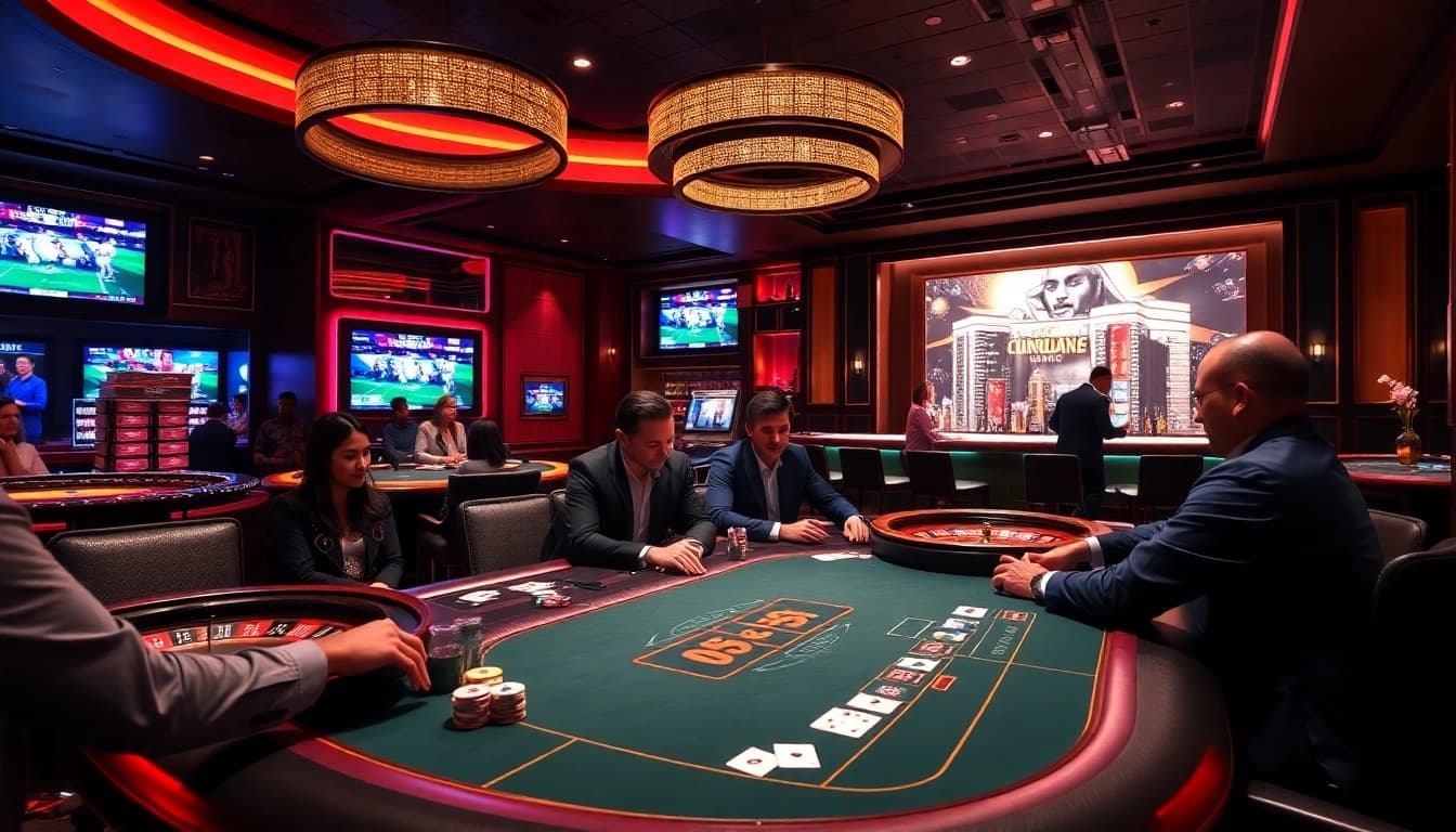 High-stakes poker action at https://urr88.com/ casino with professional players and vibrant atmosphere.