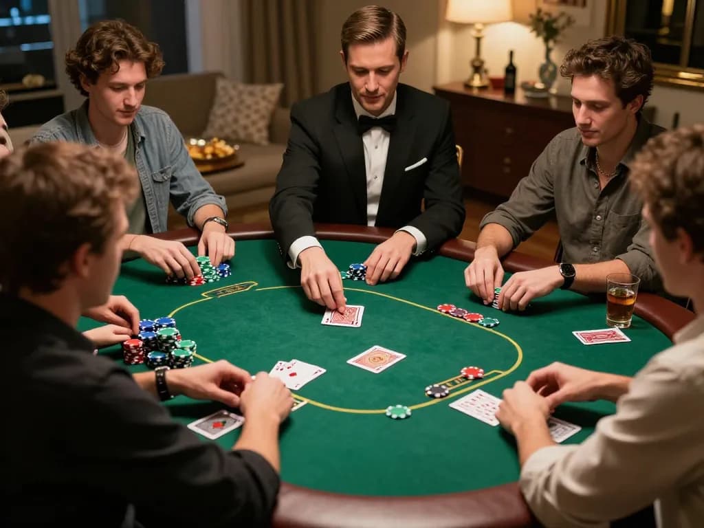 Players enjoying a strategic poker game at home, showcasing nk88's gaming excitement and social atmosphere.