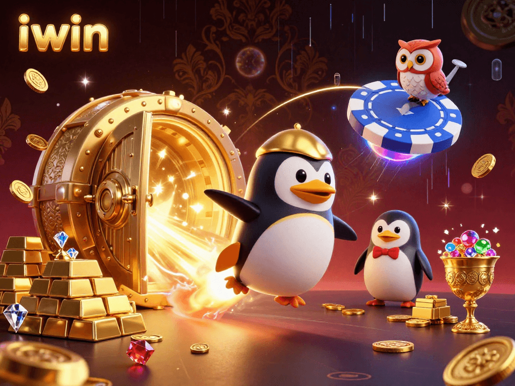Join the adventure with the iwin penguin in a vibrant casino galaxy packed with gold and treasures.