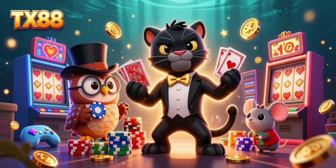Engage in exhilarating gaming at TX88 with a tuxedo-clad panther and poker-playing owl in a vibrant casino scene.