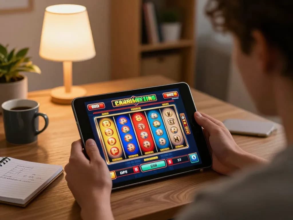 Cucu777 online gambling experience with colorful slot game on tablet in cozy living room setting