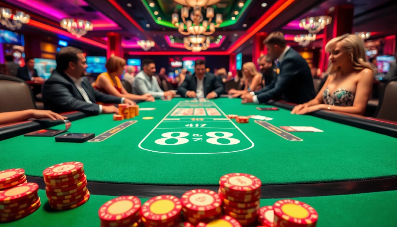 bermain poker88 di meja kasino yang meriah dengan chip warna-warni dan suasana penuh energi.