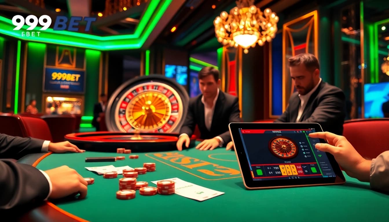 Engaged players enjoying a high-stakes game at 999BET casino table, vibrant neon lights.