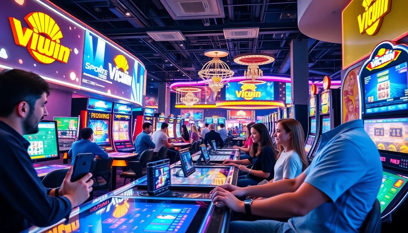 Players engaging in a vibrant casino setting at vicwin, showcasing online gaming excitement and technology.