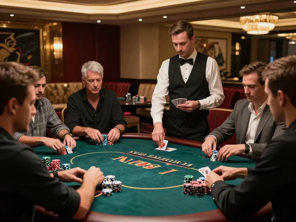 Players engage in high-stakes poker at vipwin, showcasing strategy and excitement in a luxurious casino setting.