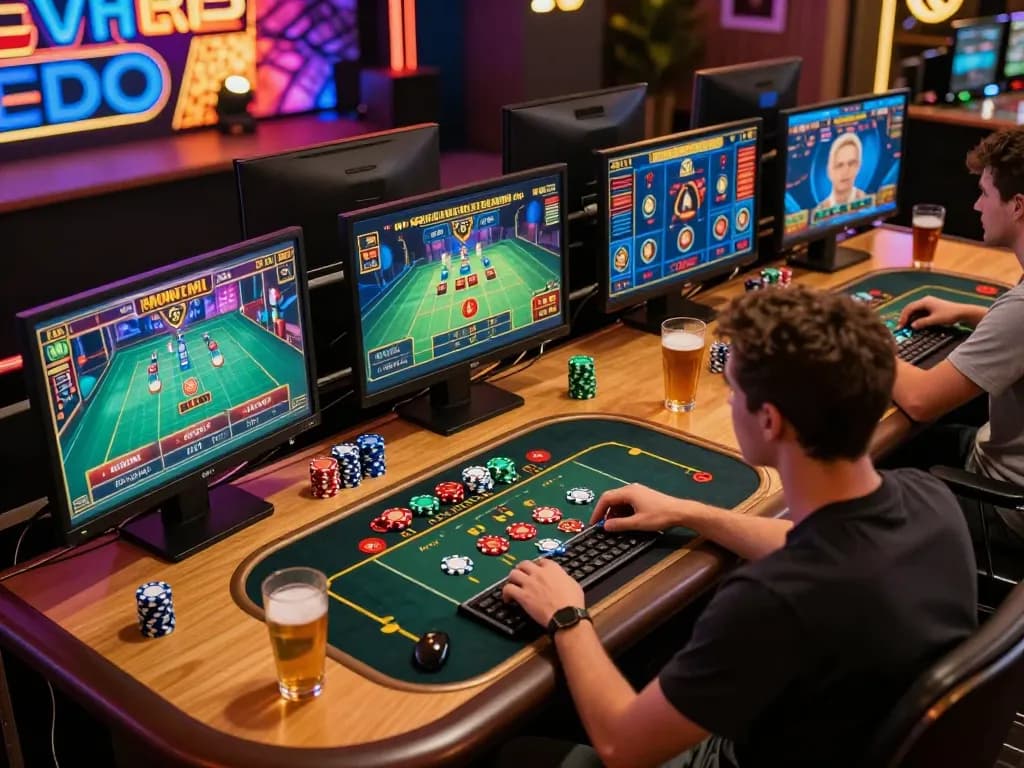 Engaged gambler at https://gg888.world/ playing live dealer games on multiple screens in a cozy environment.