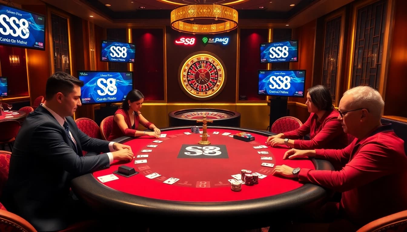S8 poker table scene with players, chips, and roulette wheel showcasing intense gambling action.
