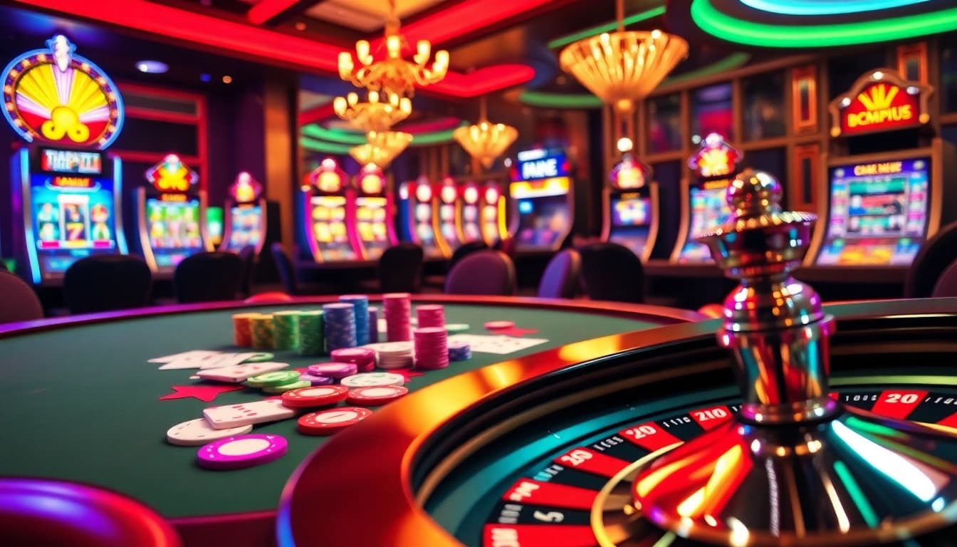 Experience thrilling gameplay at bem88 with vibrant poker tables, chips, and a spinning roulette wheel.