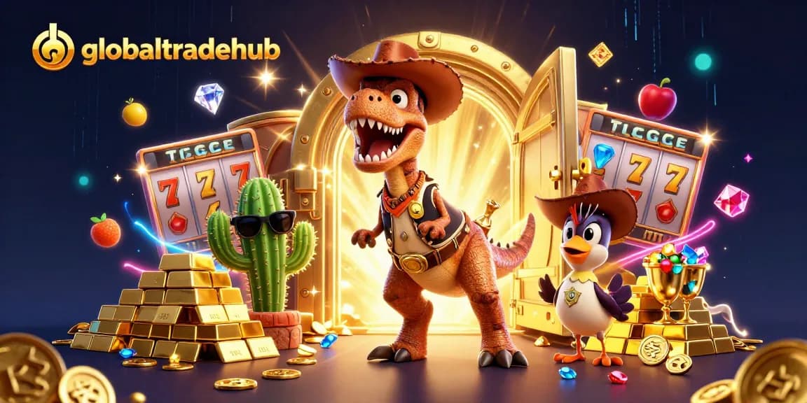 Experience thrilling gameplay and jackpots at globaltradehub with cartoon dinosaur and casino elements.