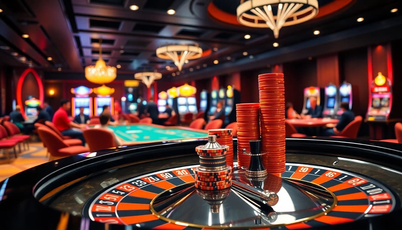 Experience excitement with De bet at a bustling casino featuring roulette and poker.