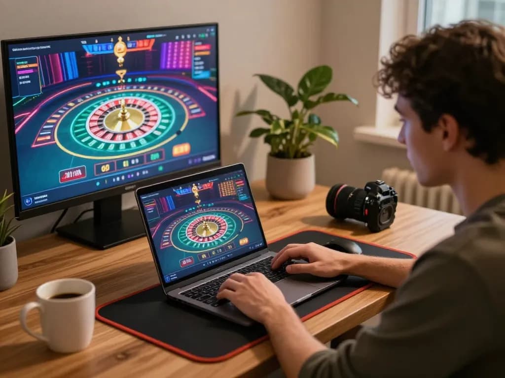 Engaged player at rr88 browsing roulette options on laptop in a cozy home office.