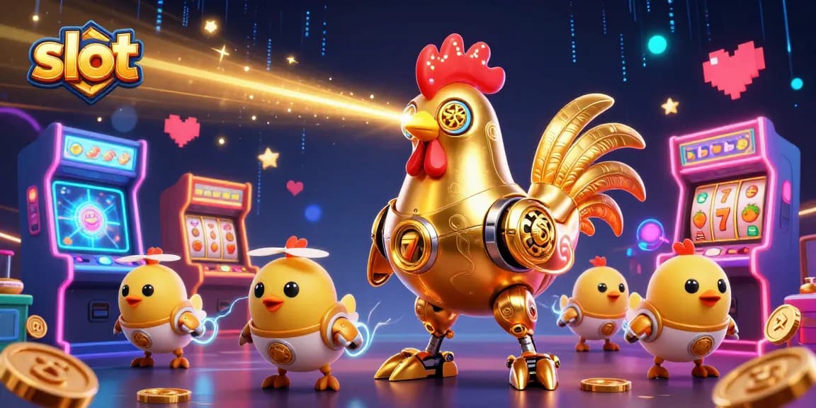 Menangkan slot dengan robot ayam emas futuristik dan simbol jackpot yang mengagumkan.