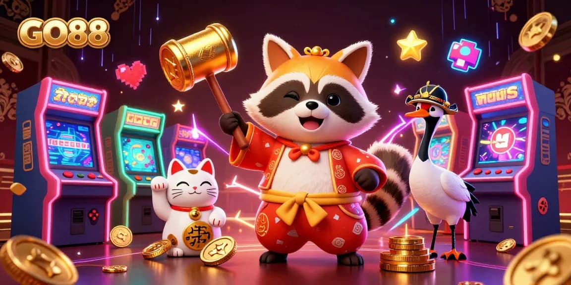 Experience classic gaming at GO88 with cheerful characters and vibrant decorations in a dynamic casino scene.