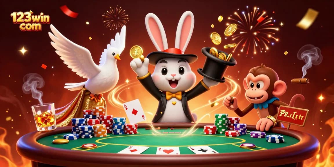 Experience the excitement of 123win com with a magician rabbit pulling coins, surrounded by vibrant poker elements.
