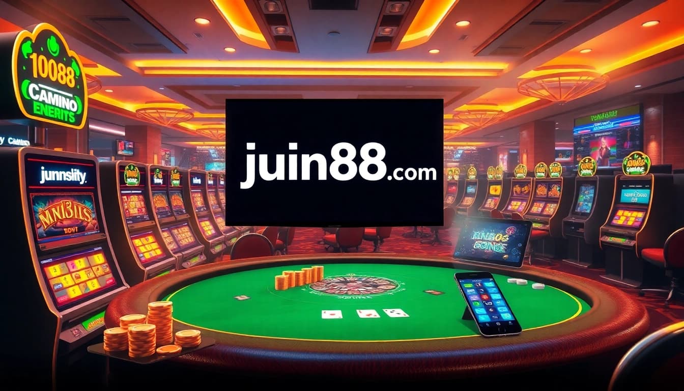 Engaging scene of online gambling at jun88site.com with vibrant casino elements and gaming excitement.