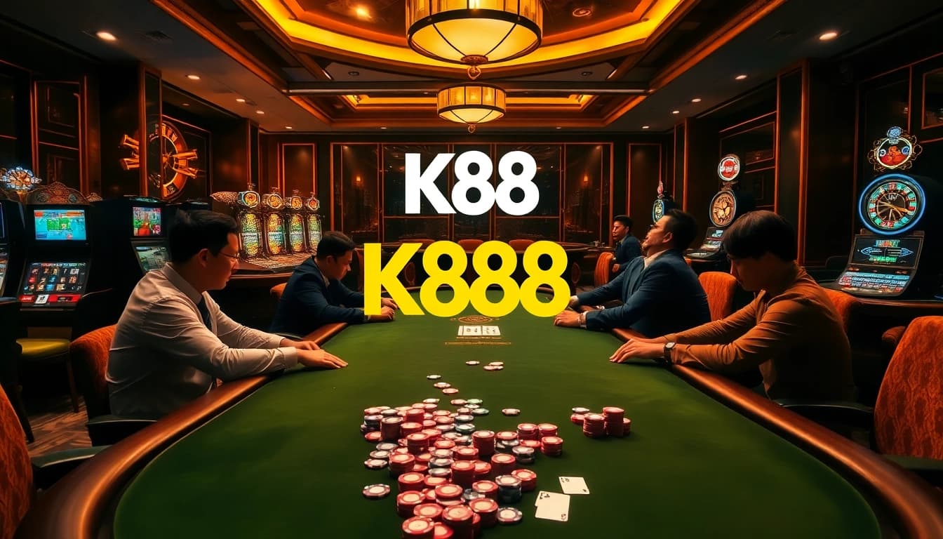 K88 players strategizing in an elegant casino atmosphere, surrounded by vibrant chips and cards.