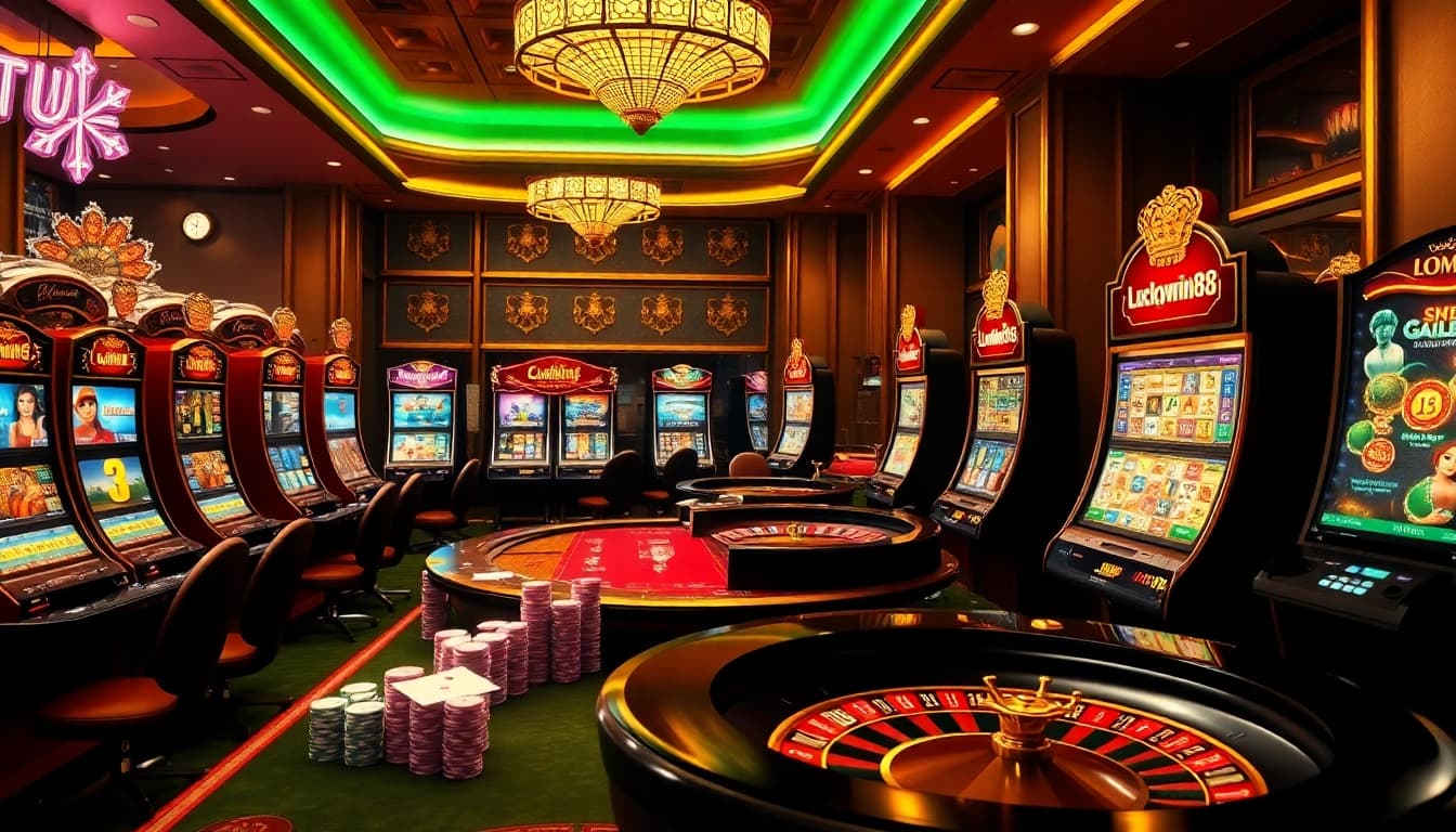 Action-packed Luckywin88 online casino scene showcasing vibrant gambling elements like slot machines and poker chips.