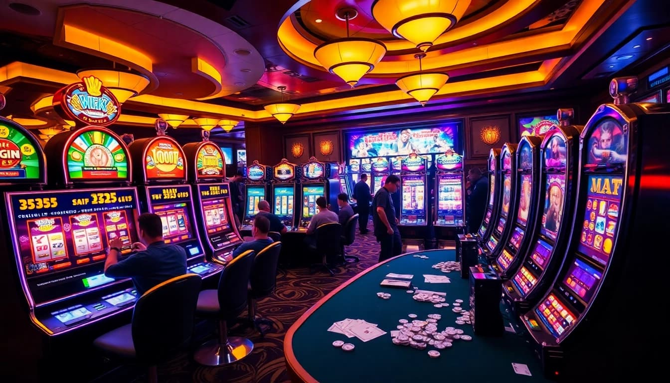 Players enjoying the excitement of slot machines in a luxurious casino setting
