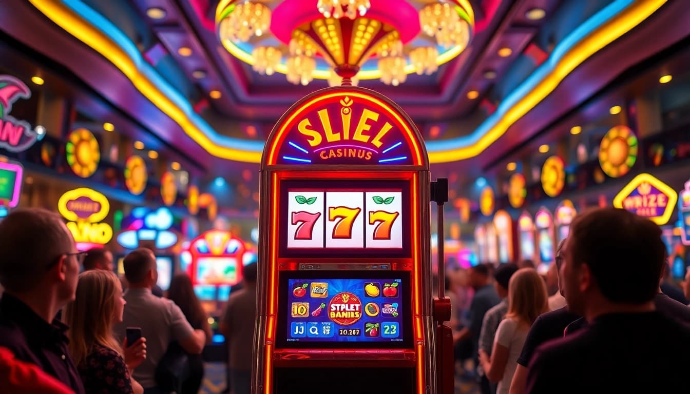 Slot machine dengan simbol cerah menarik perhatian pemain di kasino yang ramai.