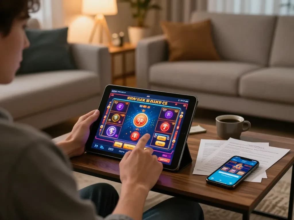 Person engaging in online gaming at home using ta88 interface, strategic betting notes visible