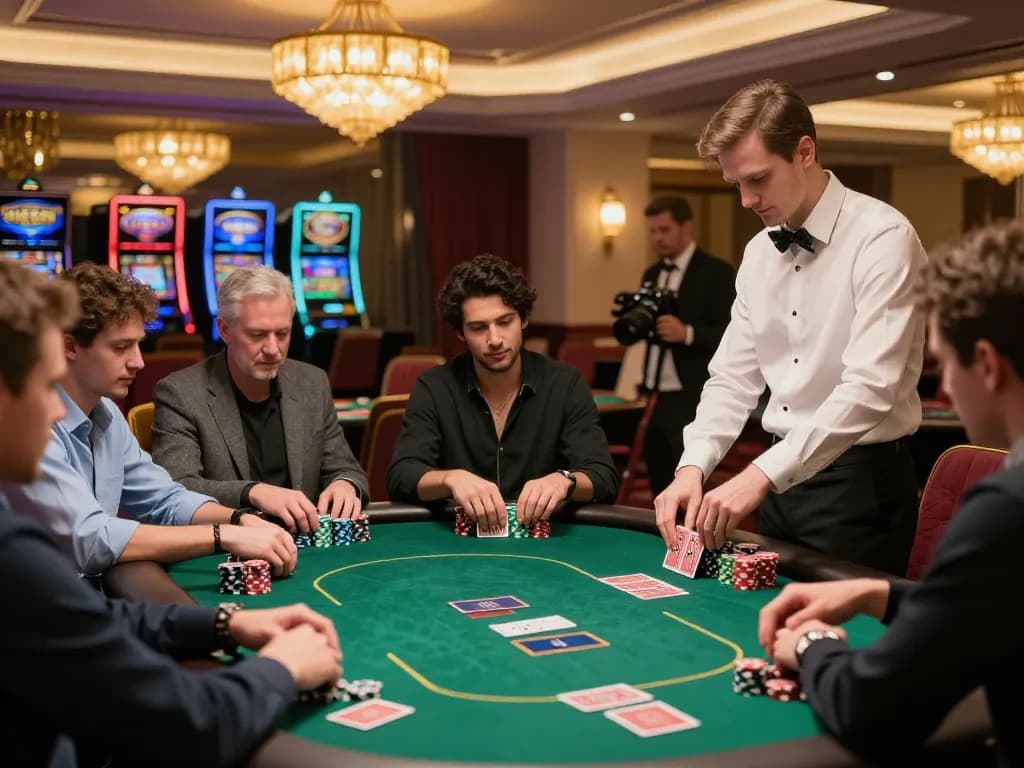 RR88 players engaged in a high-stakes poker game, showcasing strategy and excitement in a luxurious casino setting.