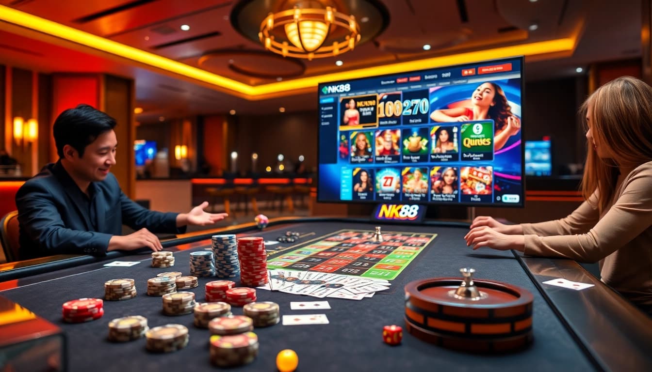 Engage with an exciting casino scene showcasing the Trang chủ NK88 platform filled with vibrant cards, chips, and games.