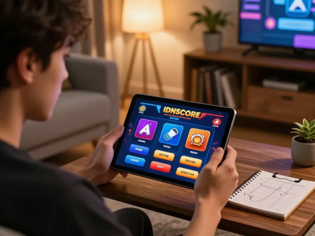 Engaged user playing DAFTAR IDNSCORE casino game on tablet, cozy home atmosphere with strategic notes.
