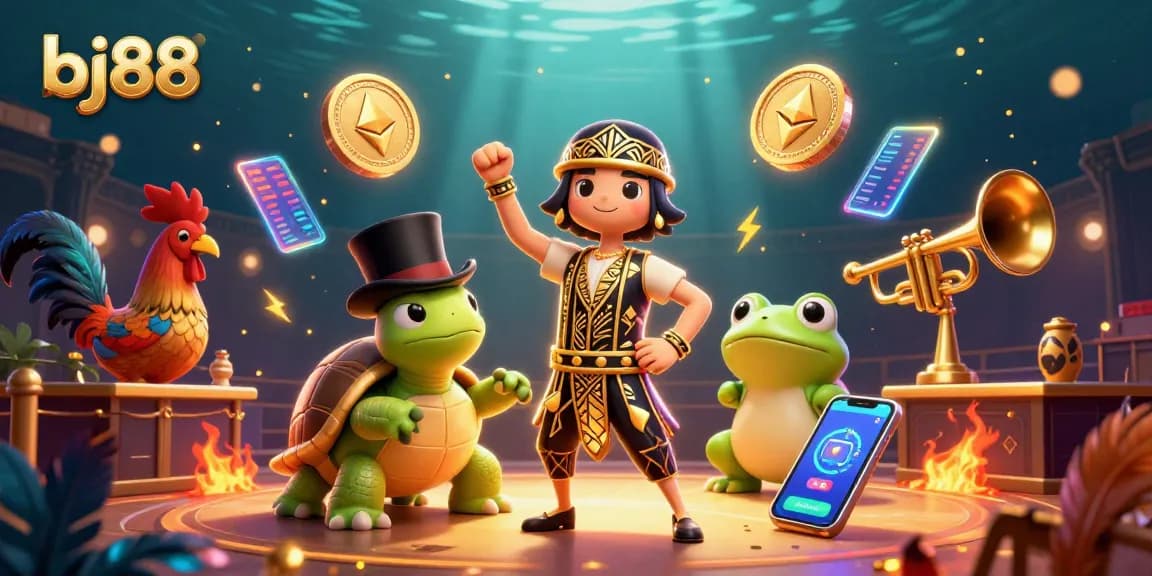 Engage in cockfighting action at bj88 with vibrant characters and casino elements.