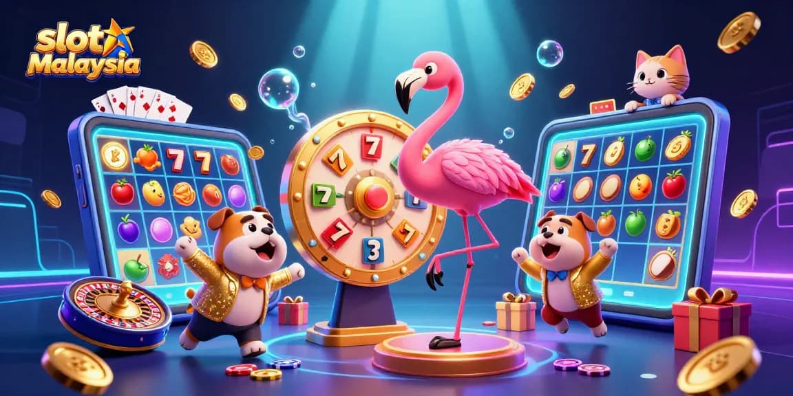 Permainan slot dalam talian Malaysia memeriahkan suasana dengan flamingo dan bulldog beraksi.