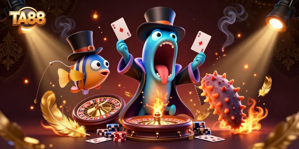 Engage with TA88 through a vibrant casino-themed 3D illustration featuring an eel magician and dynamic gaming elements.