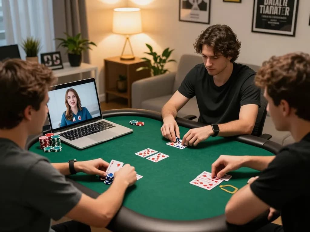 Players engaging in poker online in a modern home setting, showcasing strategy and camaraderie.