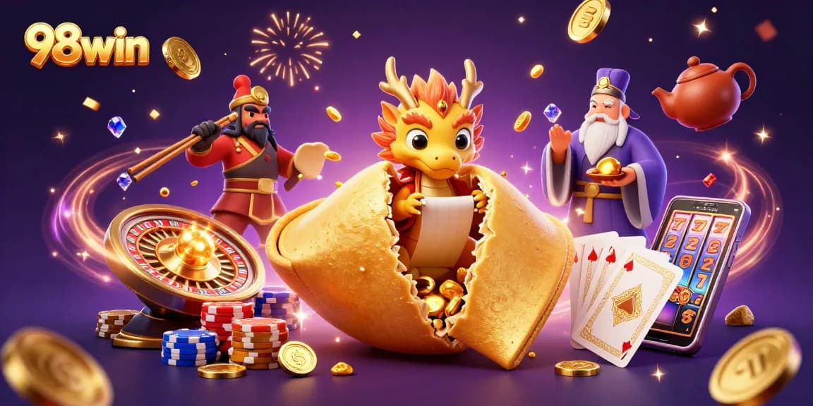 Play and win big at 98win with vibrant casino-themed cartoon art showcasing fortune and luck.