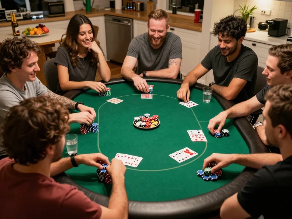 Enjoying a thrilling night of poker at non UK casinos with friends in a cozy home setting