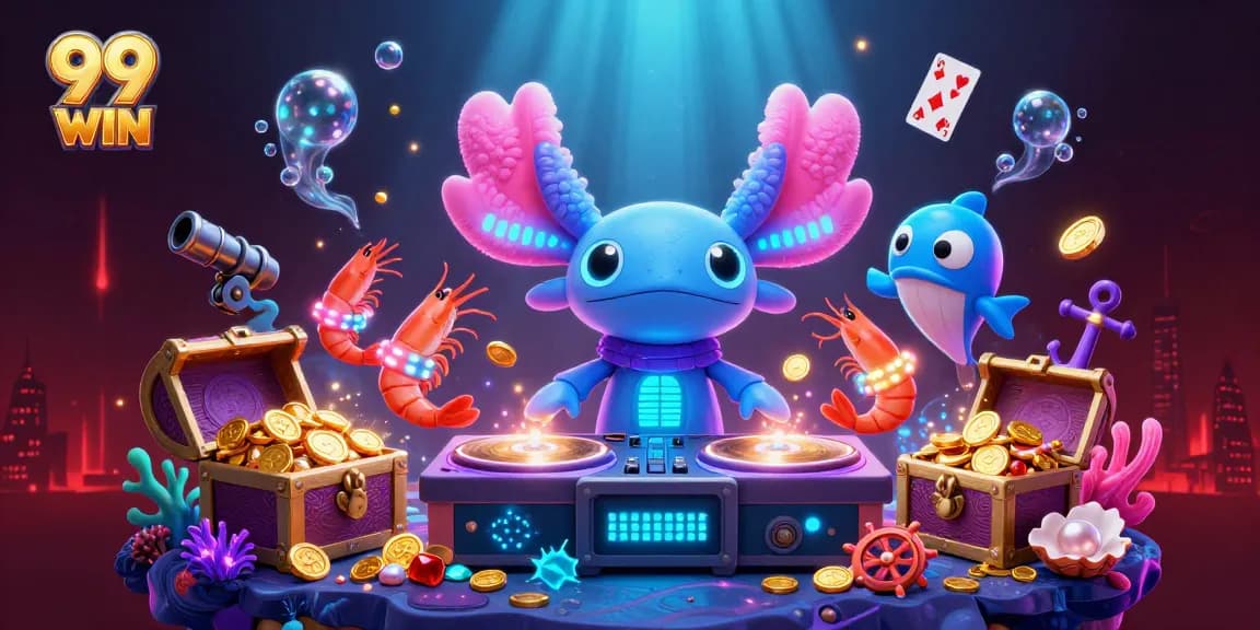 Engage with 99 WIN and join the underwater casino party with colorful casino elements and vibrant characters.