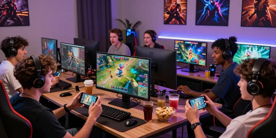 Engaging online gaming enthusiasts playing ZOWIN games at https://iros.gb.net/ in a vibrant gaming room.
