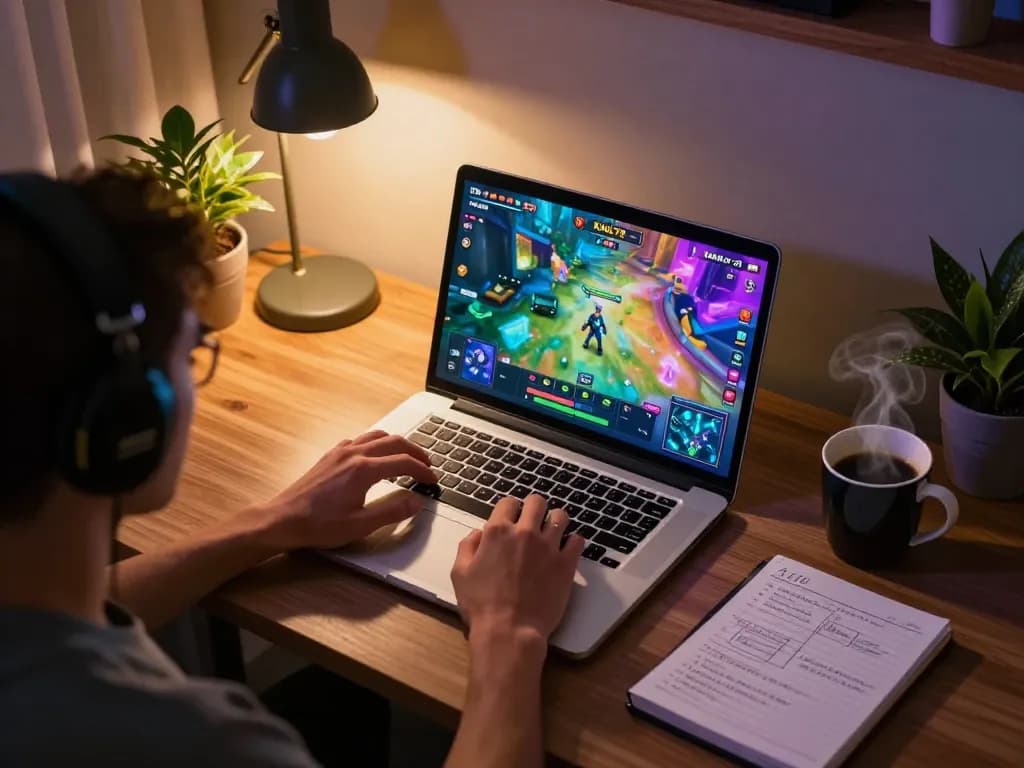 KADAL778 player enjoying interactive gaming on laptop with strategic notes in a cozy atmosphere