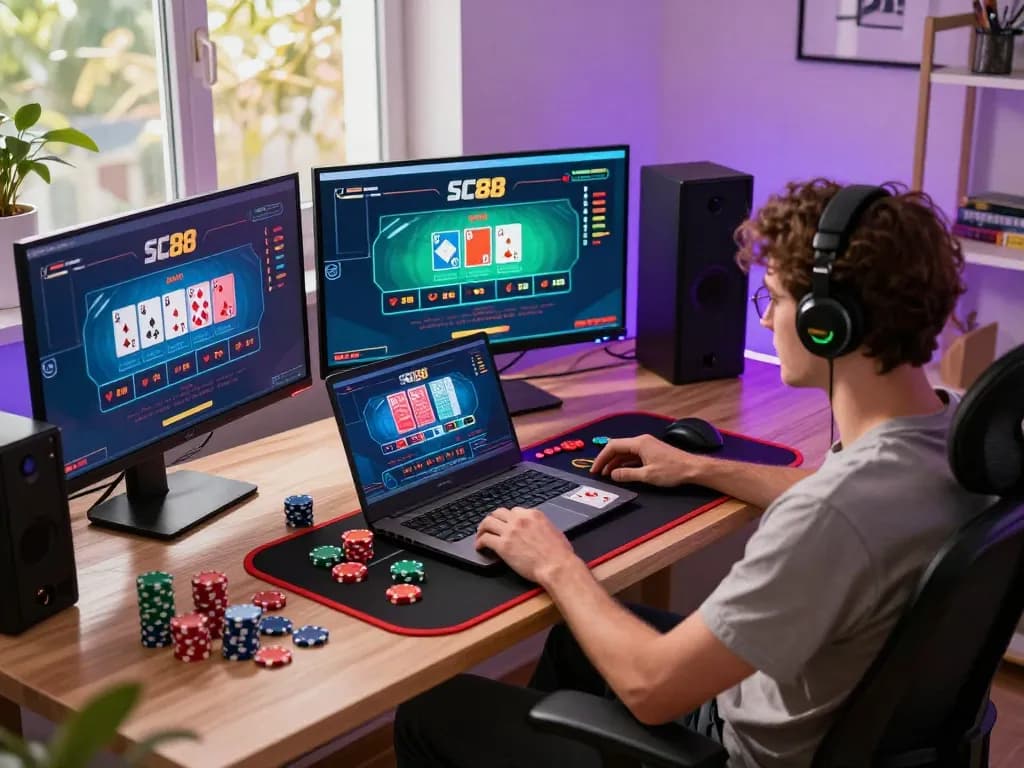 Engaged player enjoying SC88 live dealer game at home, showcasing a vibrant online gaming setup.