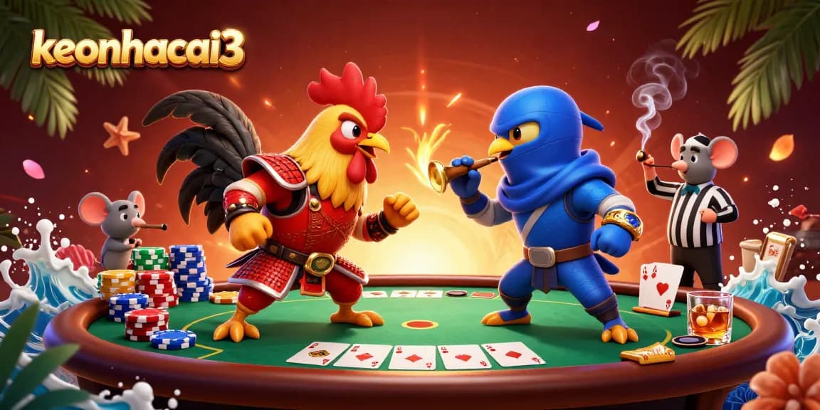Engage in thrilling cockfighting at keonhacai3 with a dramatic showdown scene of fighting roosters.