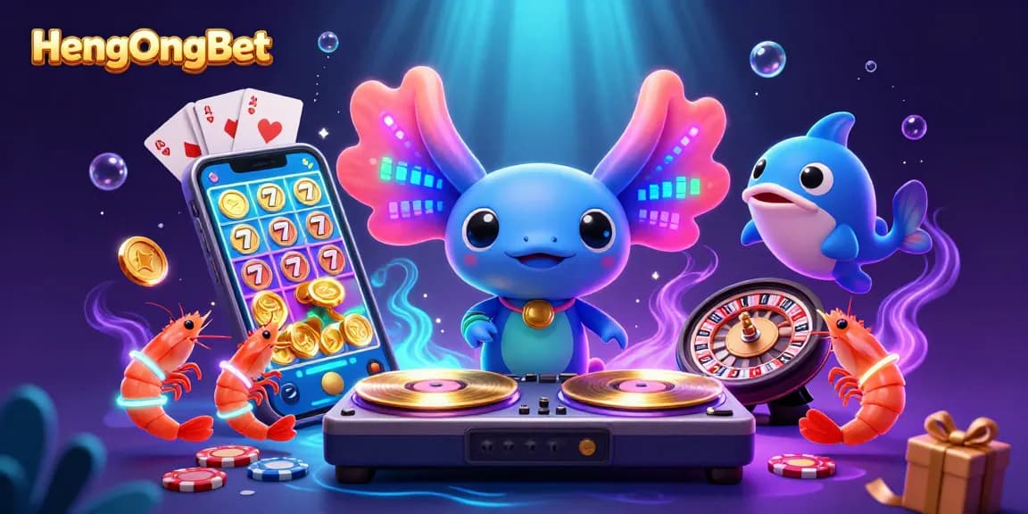 Experience vibrant gaming excitement with HengOngBet's neon axolotl DJ and thrilling slots.
