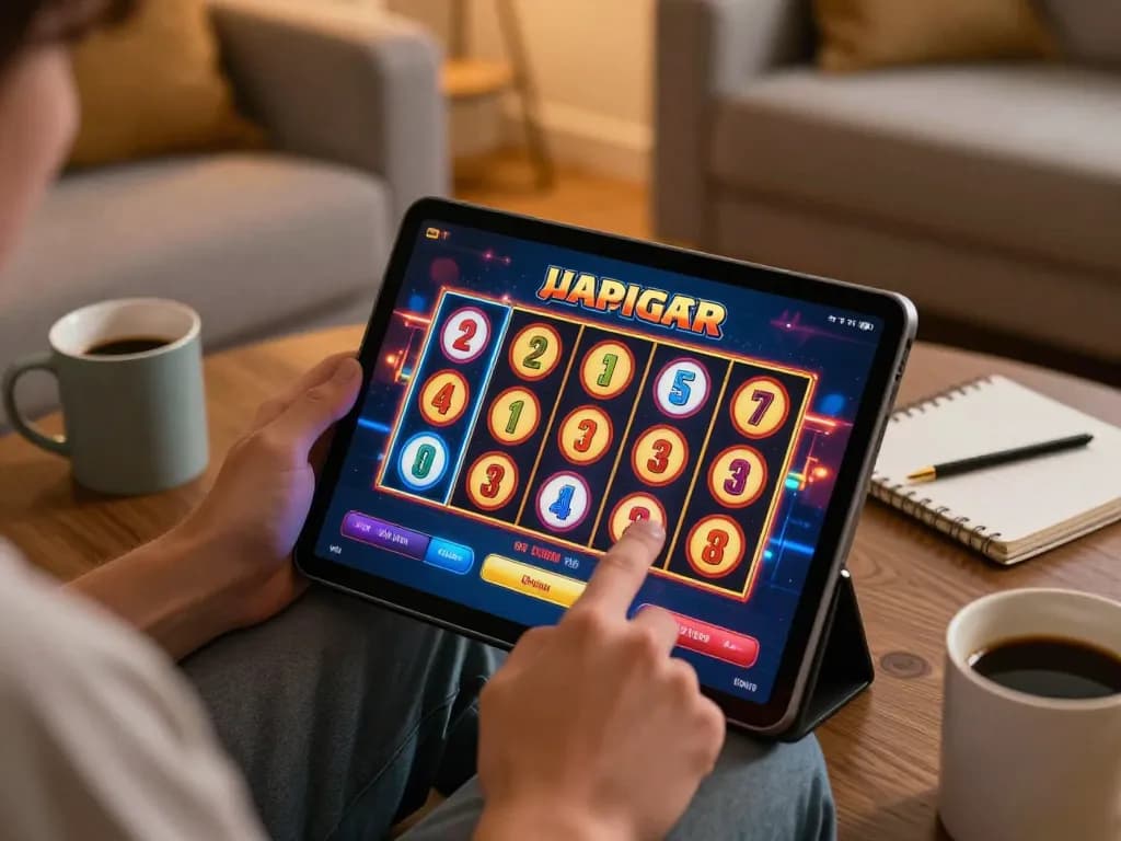 Player spins reels on LGOSUPER’s online slots, showcasing excitement in a cozy home setup.