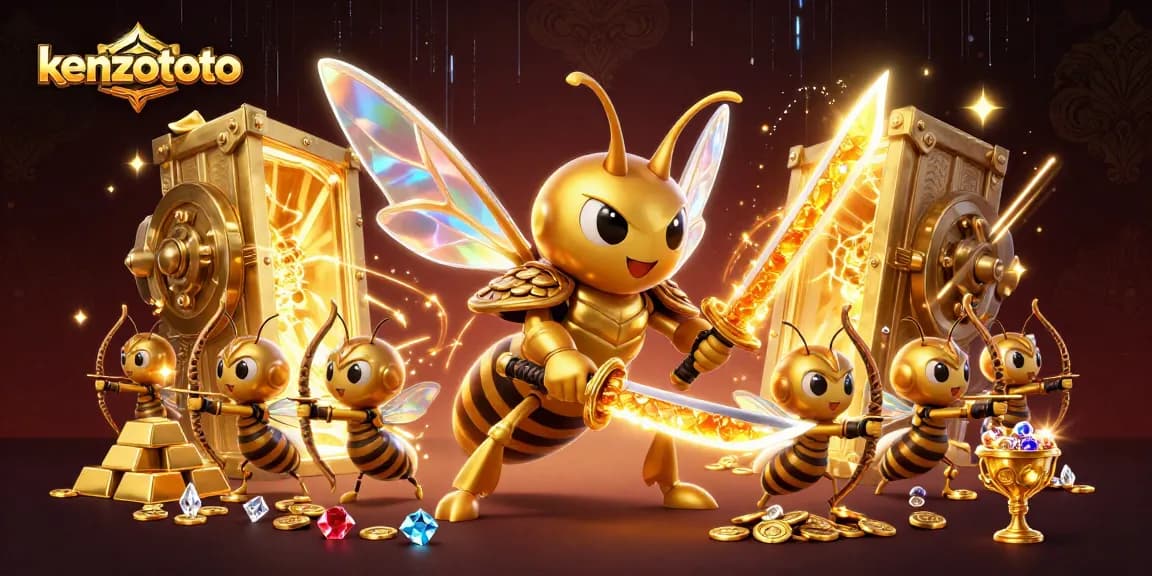 Experience the thrill of kenzototo with a vivid 3D illustration of a golden hornet samurai guarding treasures in a dynamic casino setting.