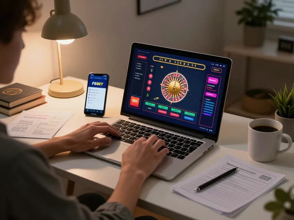Player enjoying F8BET live dealer roulette on a laptop in a cozy home office setup.